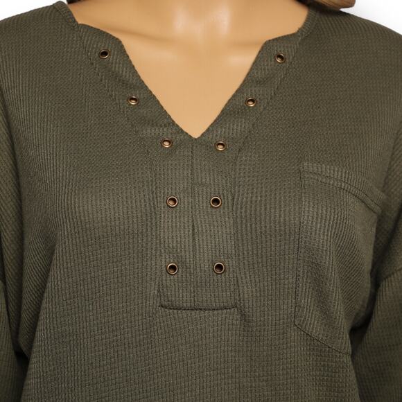 Anna Kaci Olive Waffle Knit Thermal Oversized Drop Shoulder V-Neck Top Size M - Picture 4 of 11